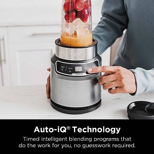 Ninja BN401 Nutri Pro Compact Personal Blender, Auto-iQ Technology, 1000-Peak-Watts, for Frozen Drinks, Smoothies, Sauces & More, with (2) 24-oz. To-Go Cups & Spout Lids, Cloud Silver