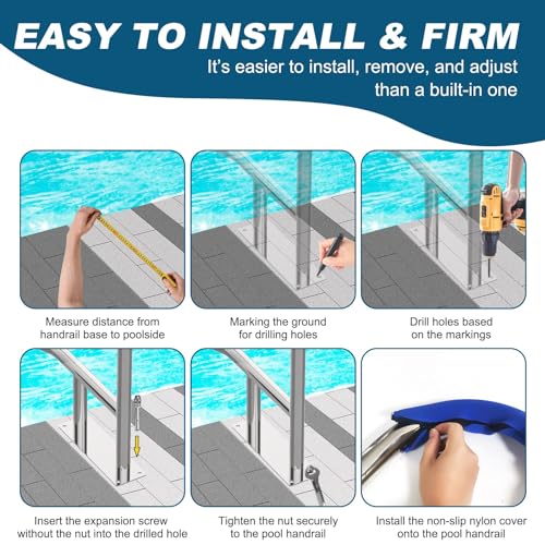 Oswerpon Pool Handrail, 54" x 36" Pool Railings for Inground Pools, 304 Stainless Steel Pool Handrails with Blue Nylon Grip Cover & Inflatable Float Hammock, Quick Mount Accessory Included