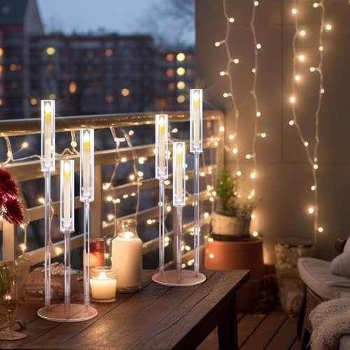 8 Set Acrylic Candelabra Centerpieces 3 Arm Clear Floor Candlesticks Candle Holders with Acrylic Shade Base 0.87" LED Candles Decoration for Wedding Party