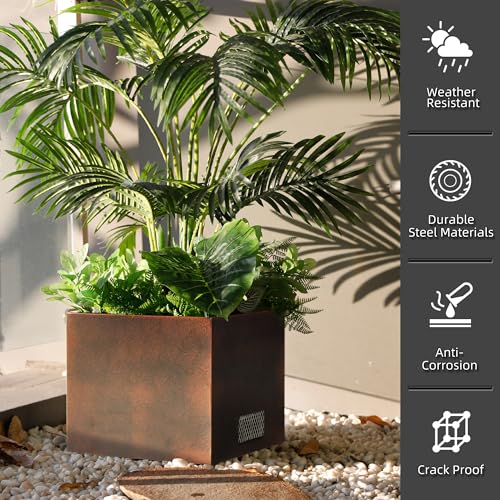 KOL 13"L.x13"W.x11"H. Metal Square Steel Planters - Modern Cube Planter Box, Outdoor Indoor Garden Pot for Plants Trees Flowers - Commercial Residential for Patio Deck Yard - All Weather Use - Bronze