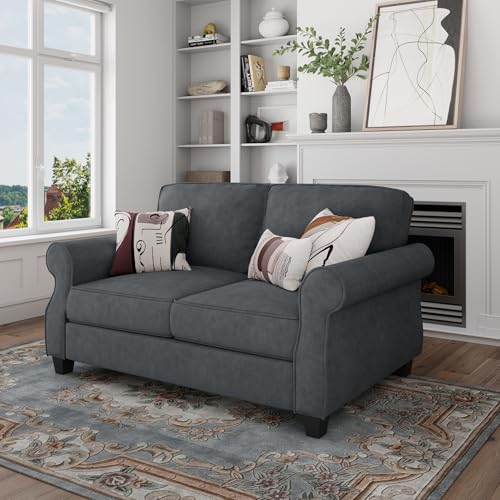 Loveseat Sofa - 56" Small Couch Mid Century Modern Flannel Love Sofas Small Space Saving Upholstered 2 Seater Love Seat Couches for Living Room Bedroom Home Office Apartment and Small Space, Dark Grey