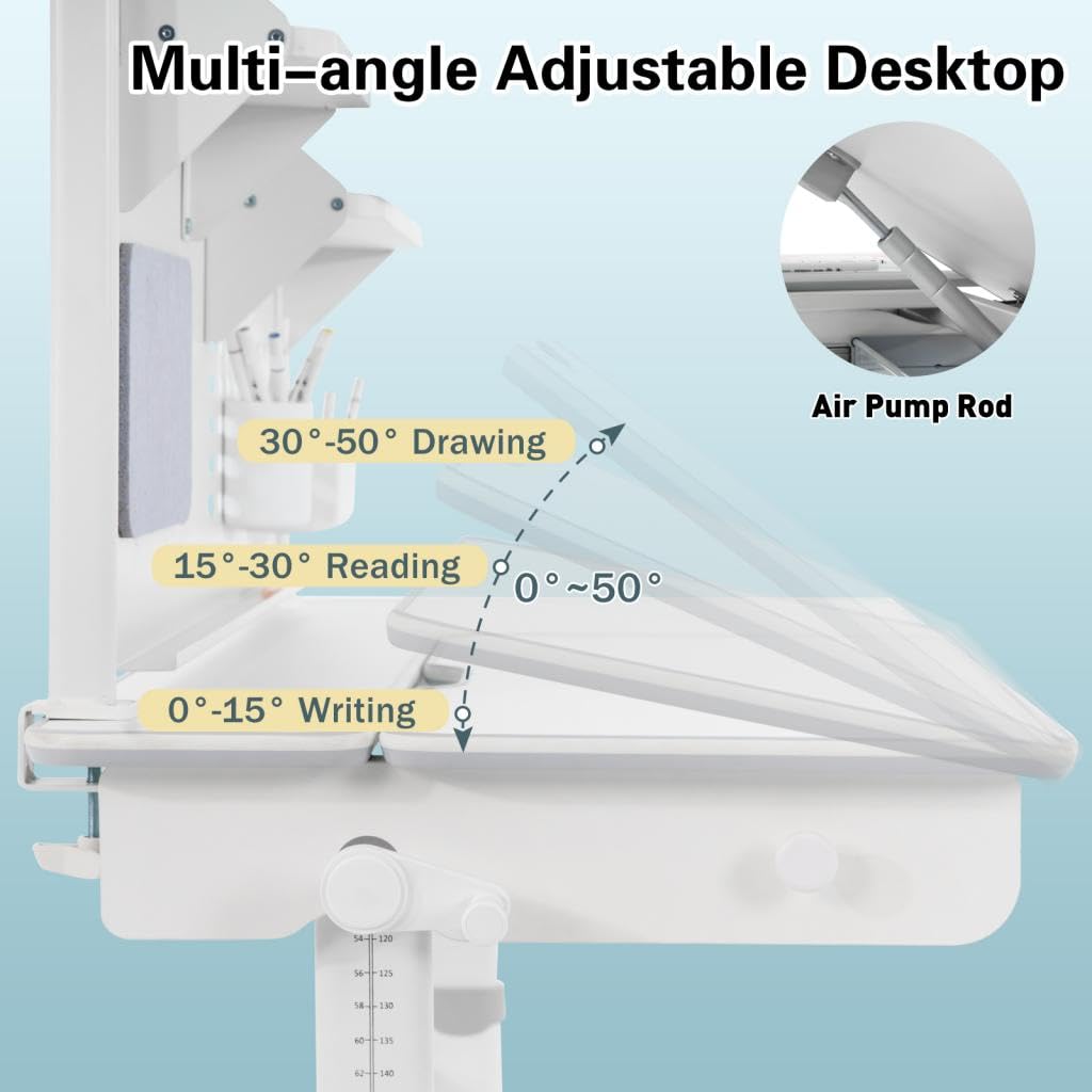 COSVALVE 47 inches Adjustable Kids Desk with Hutch, with Two Storage Drawer, LED Lamp, Tilt Desktop, Height Adjust for Home School Use,for Girls Boys (Grey) (Grey-1, Desk Only)