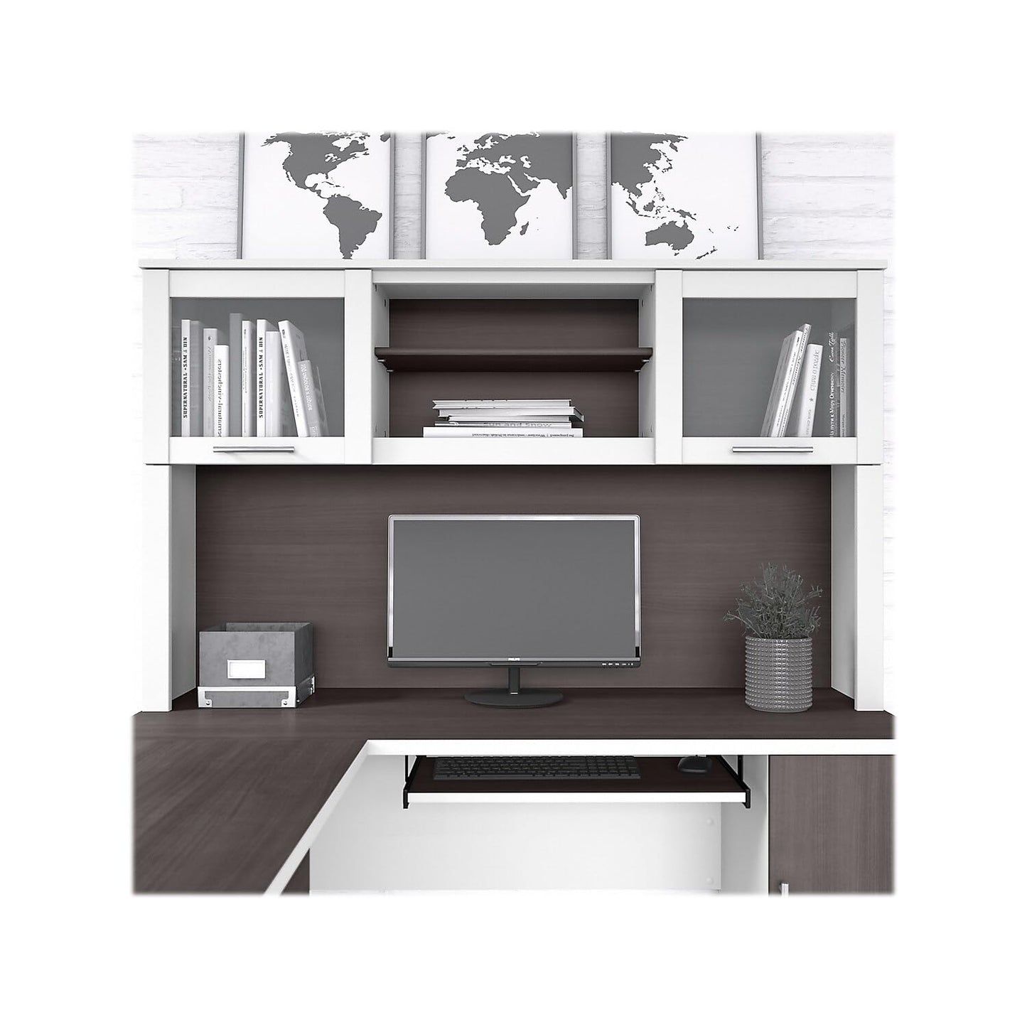 Bush Furniture Somerset 60W Desk Hutch in White and Storm Gray