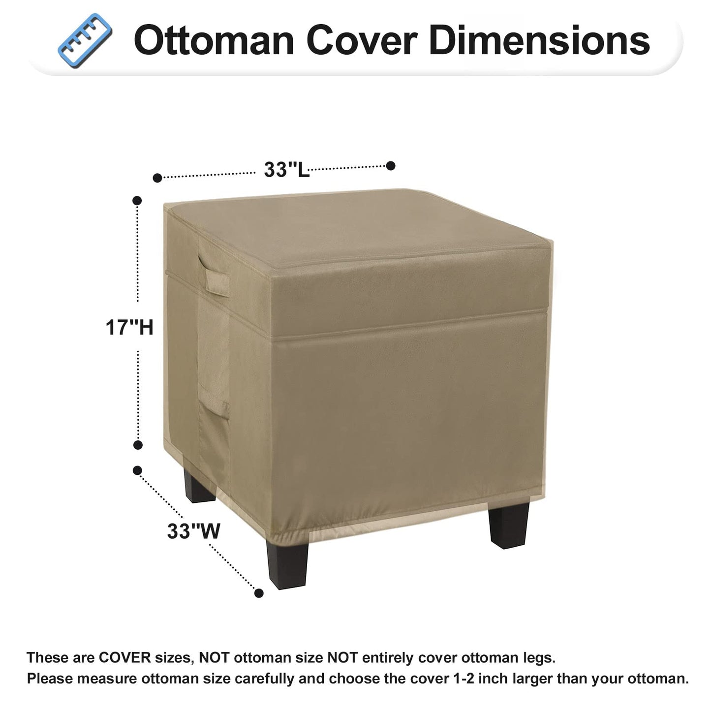 OutdoorLines Outdoor Waterproof Patio Ottoman Covers - Square UV-Proof Patio Side Table Cover Windproof Heavy-Duty Furniture Covering Protector 33L x 33W x 17H Inch, Camel