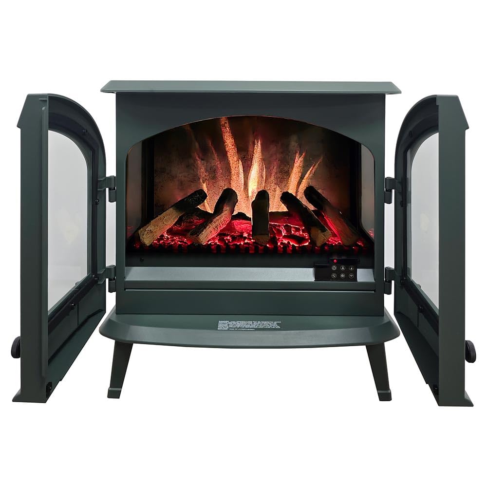 Modern Ember Freestanding Electric Fireplace Stove Heater in Hunter Green with Multi-Color Ember Bed | Smart Technology | Alexa & Google Control | 1500W | Indoor Portable Heater | Safety Shutoff