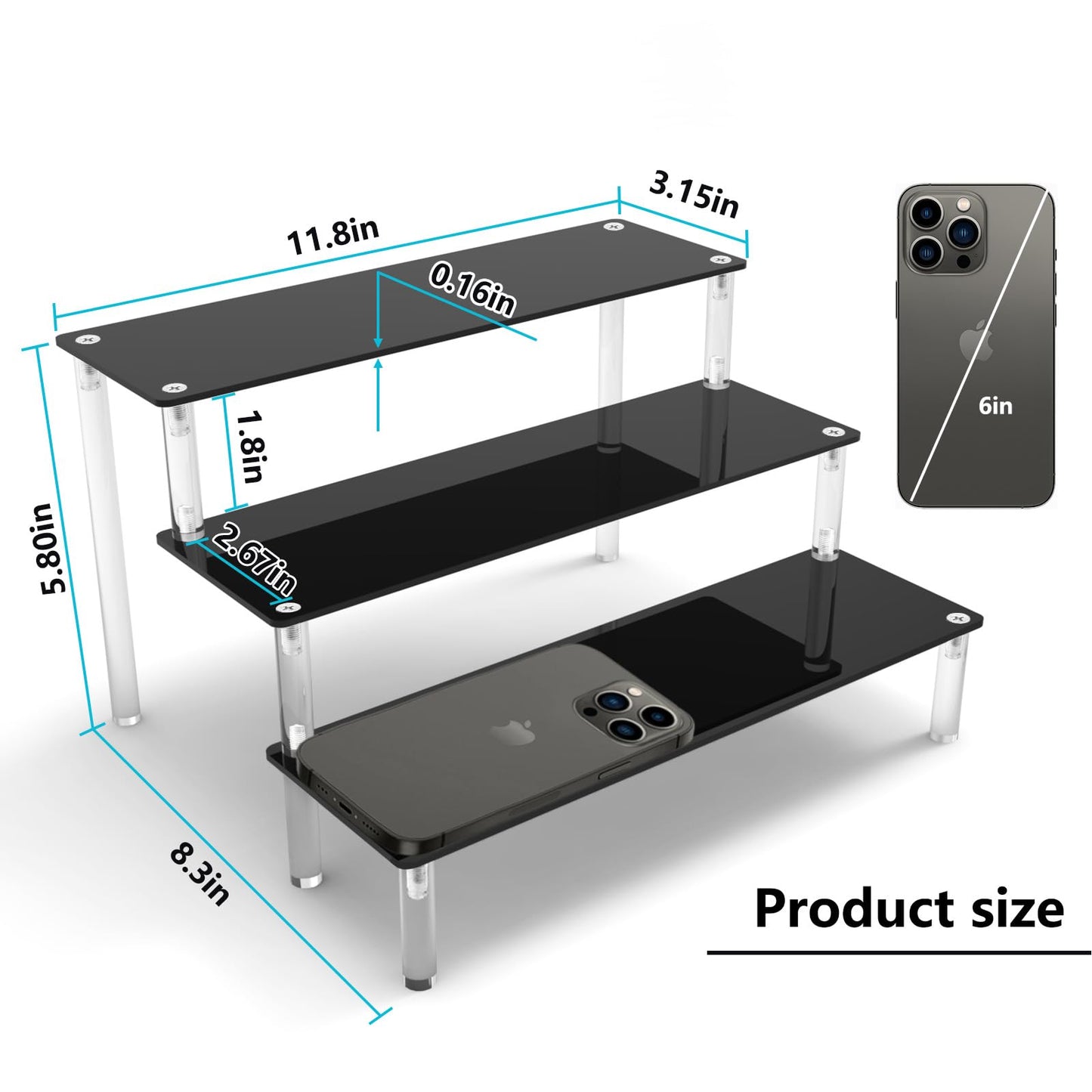 Acrylic Riser Black Acrylic Shelf Riser 3 Tier Perfume Organizer Cologne Display Stand Large Cupcake Stand Shelf for Funko POP Desserts Holder Collection Cosmetic Products Tabletop Use 12"X8"X6"