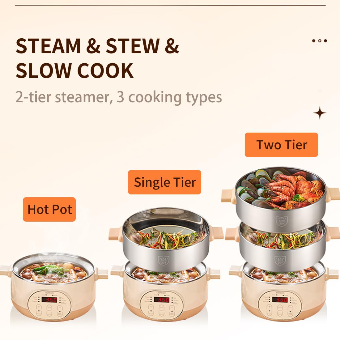 Joydeem Electric Food Steamer for Cooking, 2-Tier Stainless Steel Vegetable & Food Steamers, 15L Large Capacity, JD-DZG15B