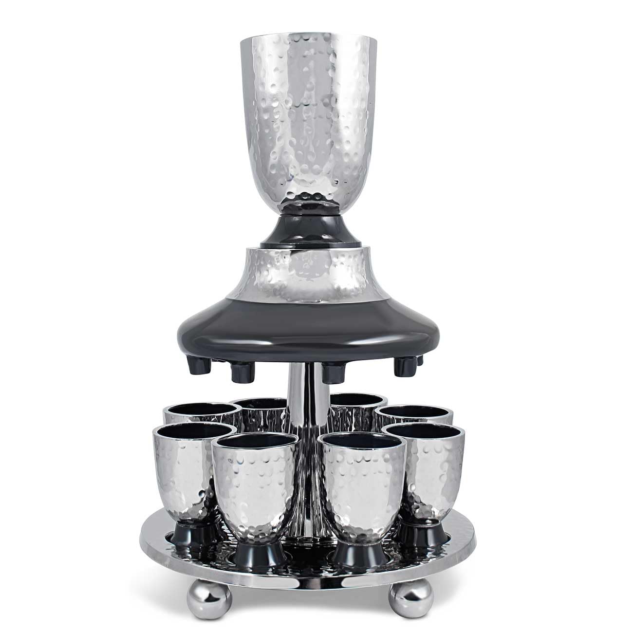 Elegant Display Kiddush Cup Wine Fountain Set - Hammered Metal with Enamel Detailing - Large Goblet, 8 Matching Shot Cups for Shabbat, Passover, Yom Tov, Wedding Gifts by Zion Judaica (Grey)