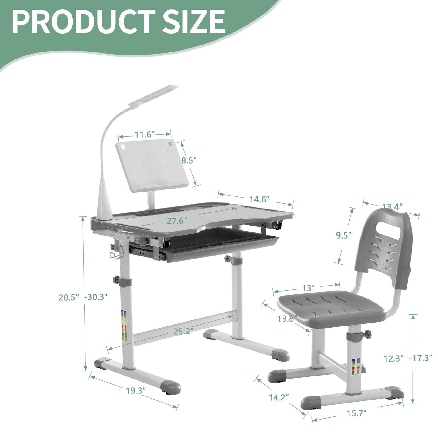 Diroan Kids Functional Desk and Chair Set, Ergonomic Height Adjustable Children School Study Desk with Tilt Desktop, Book Stand, LED Light, Metal Hook and Storage Drawer for Boys Girls(Grey)