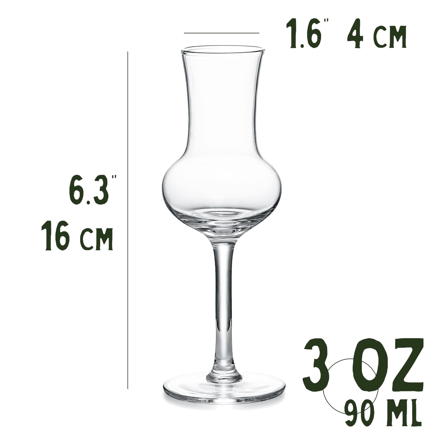 Crystal Grappa and Cordial Glasses | Set of 6 | Small 3 oz Long Stemmed Spirit Glassware for Liqueur, After Dinner Drink, Aperitif, Digestive | Tulip Shaped Liquor Stemware for Nosing, Sipping