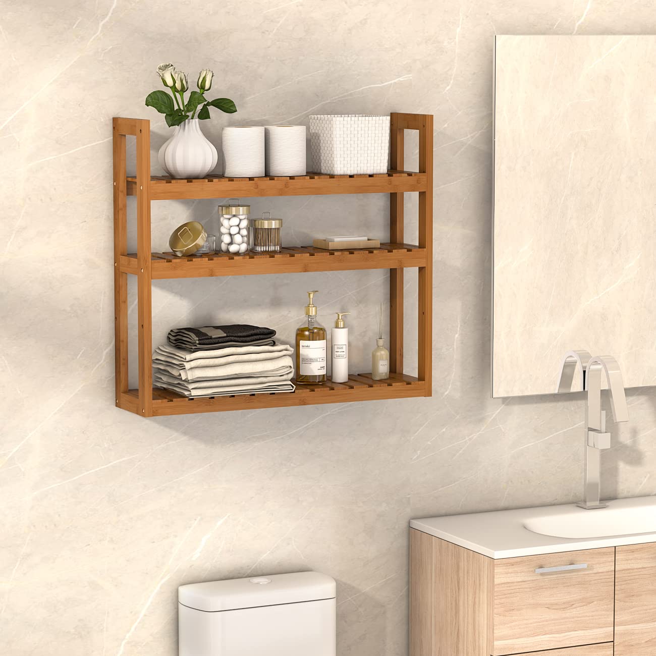 Domax Bamboo Bathroom Shelf 3-Tier Wall Mount Storage Rack Multifunctional Adjustable Layer Free Standing Over Toilet Utility Shelves Living Room Kitchen (Walnut)