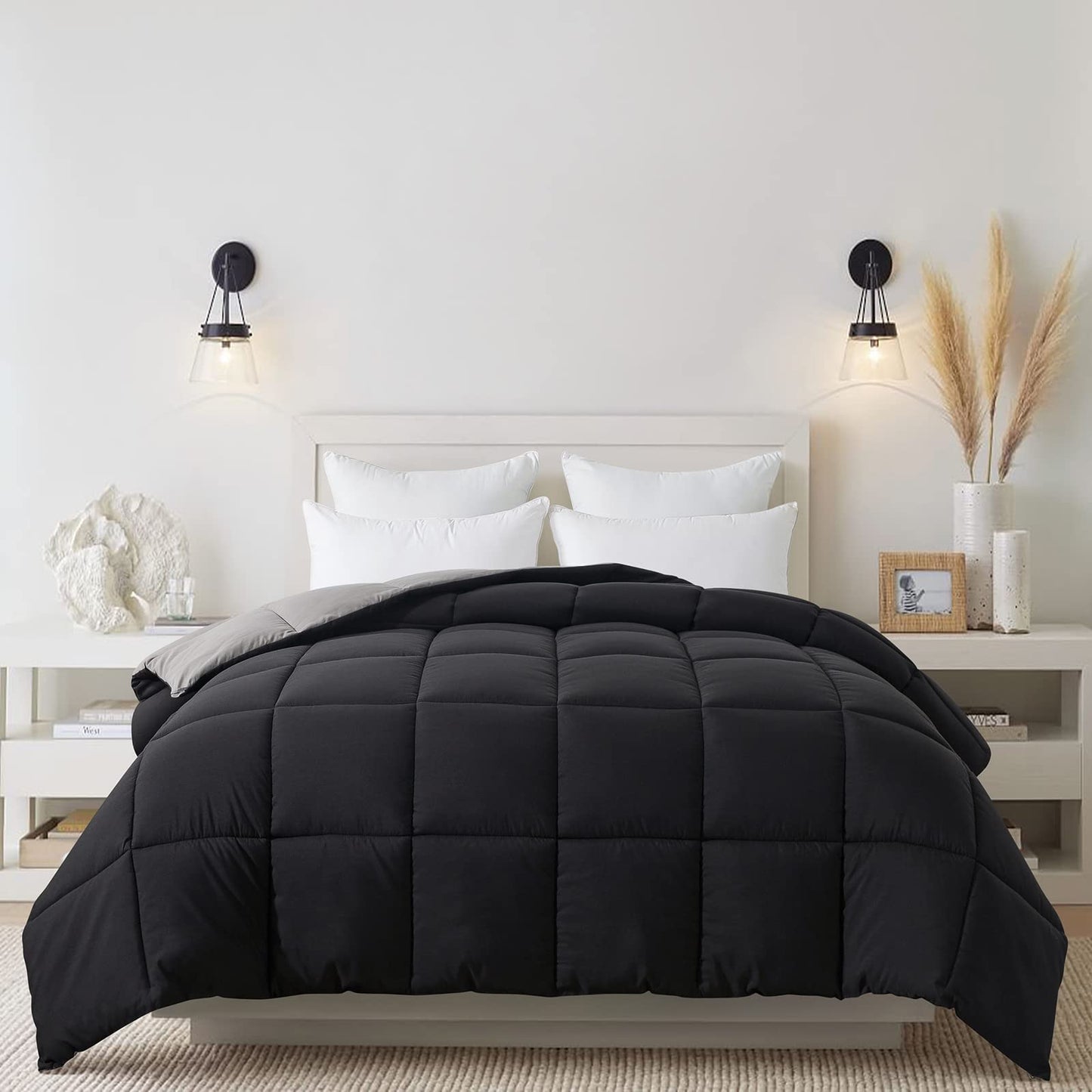 Cosybay Down Alternative Comforter (Black/Grey, Queen) - All Season Soft Quilted Queen Size Bed Comforter - Duvet Insert with Corner Tabs -Winter Summer Warm Fluffy, 88x92inches