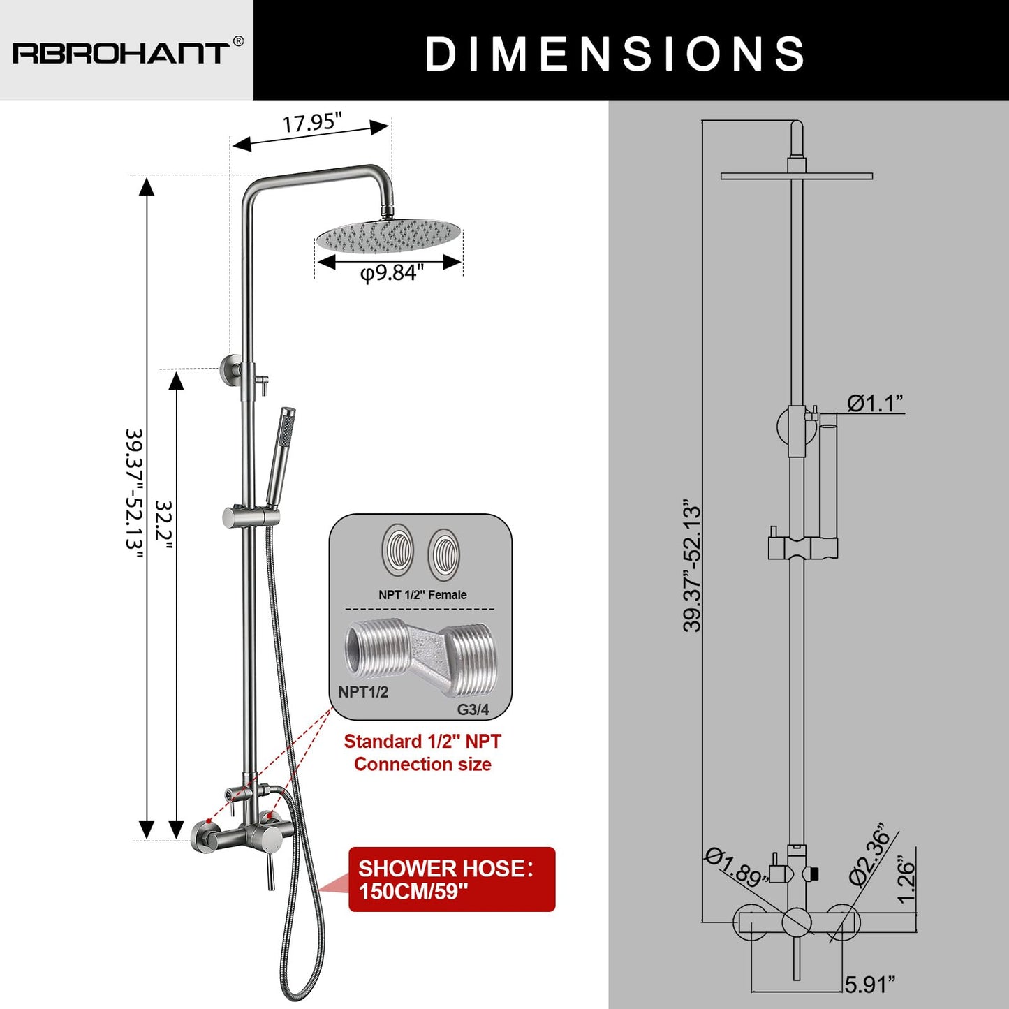 RBROHANT Outdoor Shower, Wall Mount Outdoor Shower Kit, Outside Shower Faucet with Height Adjustable Rain Shower Head and Handheld, Exposed Shower System for Pool, Wall Mounted, Brushed Nickel, JK0290