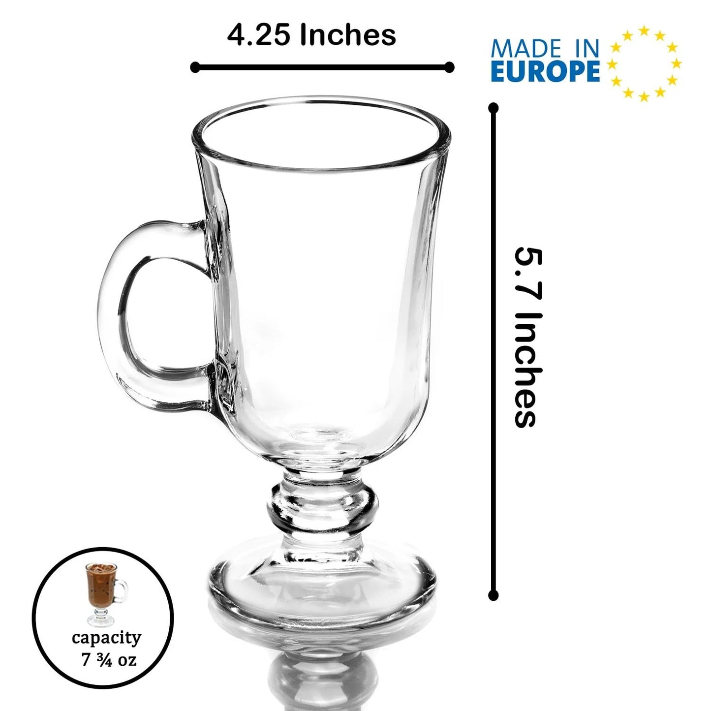 Volarium Irish Coffee Glass Mugs, Latte Cups, Set of 2 Cappuccino and Hot Chocolate Mugs with Handle, Clear Glass Mugs for Hot Beverages, 7 3/4 oz