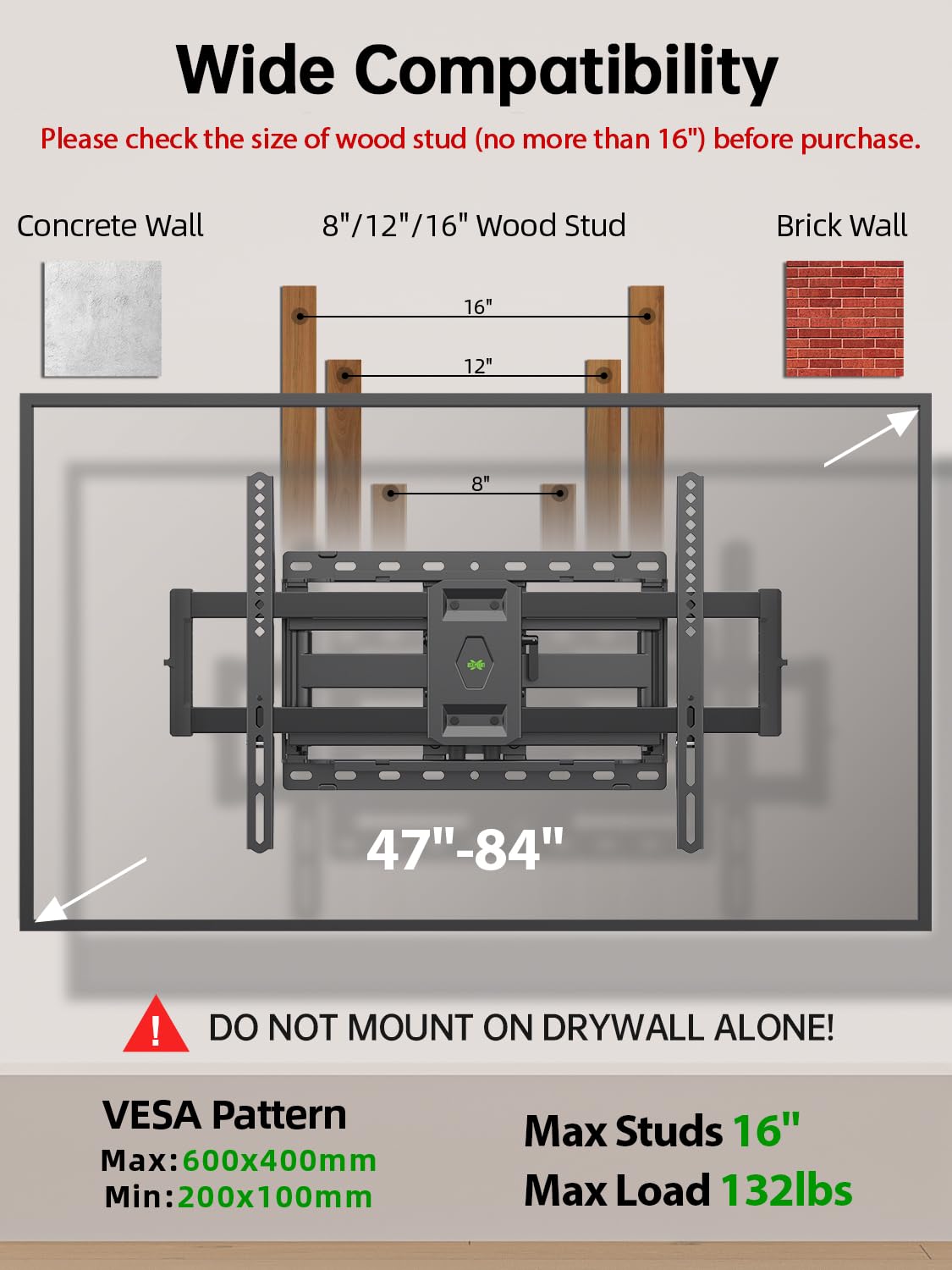 USX MOUNT Full Motion TV Wall Mount for Most 47-84 inch Flat Screen/LED/4K TV, TV Mount Bracket Dual Swivel Articulating Tilt 6 Arms, Max VESA 600x400mm, Holds up to 132lbs, Fits 8” 12” 16" Wood Studs