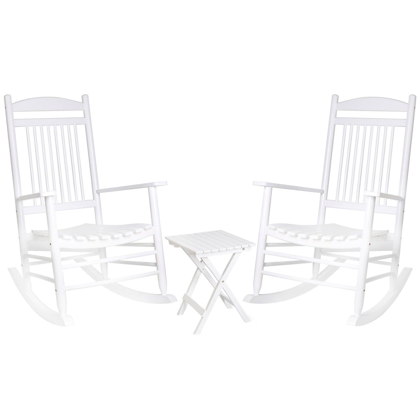 MUPATER Outdoor Rocking Chair Set 3-Piece Patio Wooden Rocker Bistro Set with Foldable Table and Curved Seat, White