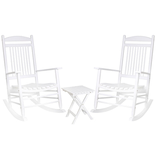 MUPATER Outdoor Rocking Chair Set 3-Piece Patio Wooden Rocker Bistro Set with Foldable Table and Curved Seat, White