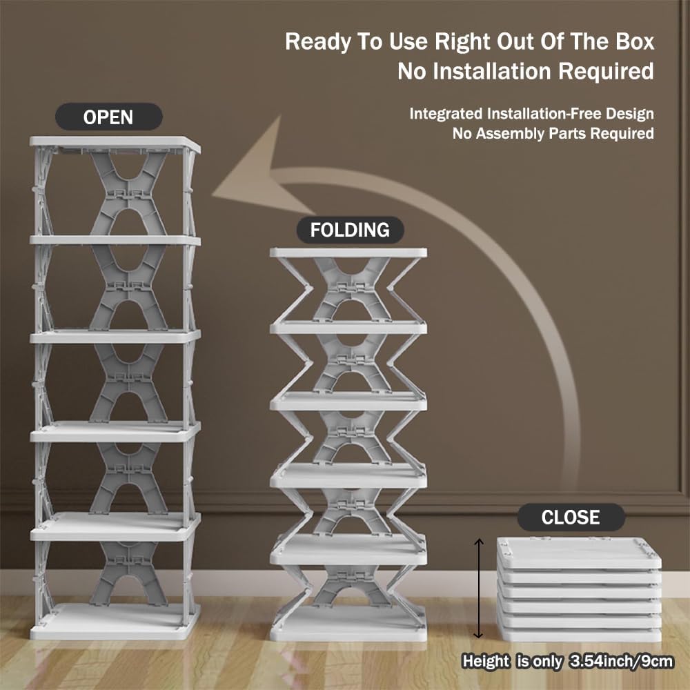 6-Tier Simple Vertical Shoe Organizer, Foldable Shoe Rack without Assembly, Flexible Narrow Shoe Rack K-Shape Collapsible Shoe Tower, Corner Shoe Rack, Easy Assembly and Stable in Structure