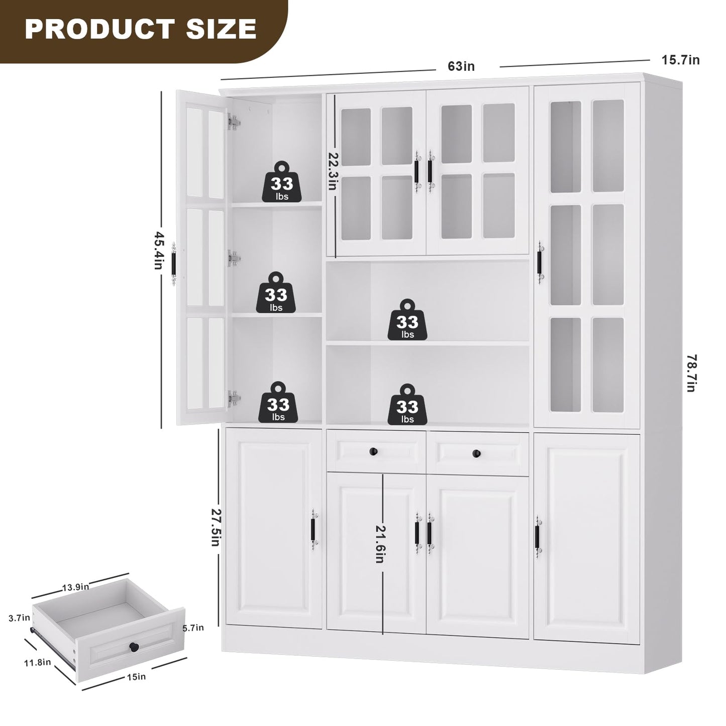 MEISSALIVVE Kitchen Pantry Storage Cabinet, 78.7" Tall Pantry Cabinet with Glass Doors & Drawers, Freestanding Utility Pantry Cabinet, Food Pantry Cabinet Cupboard, White (63" W x 15.7" D)