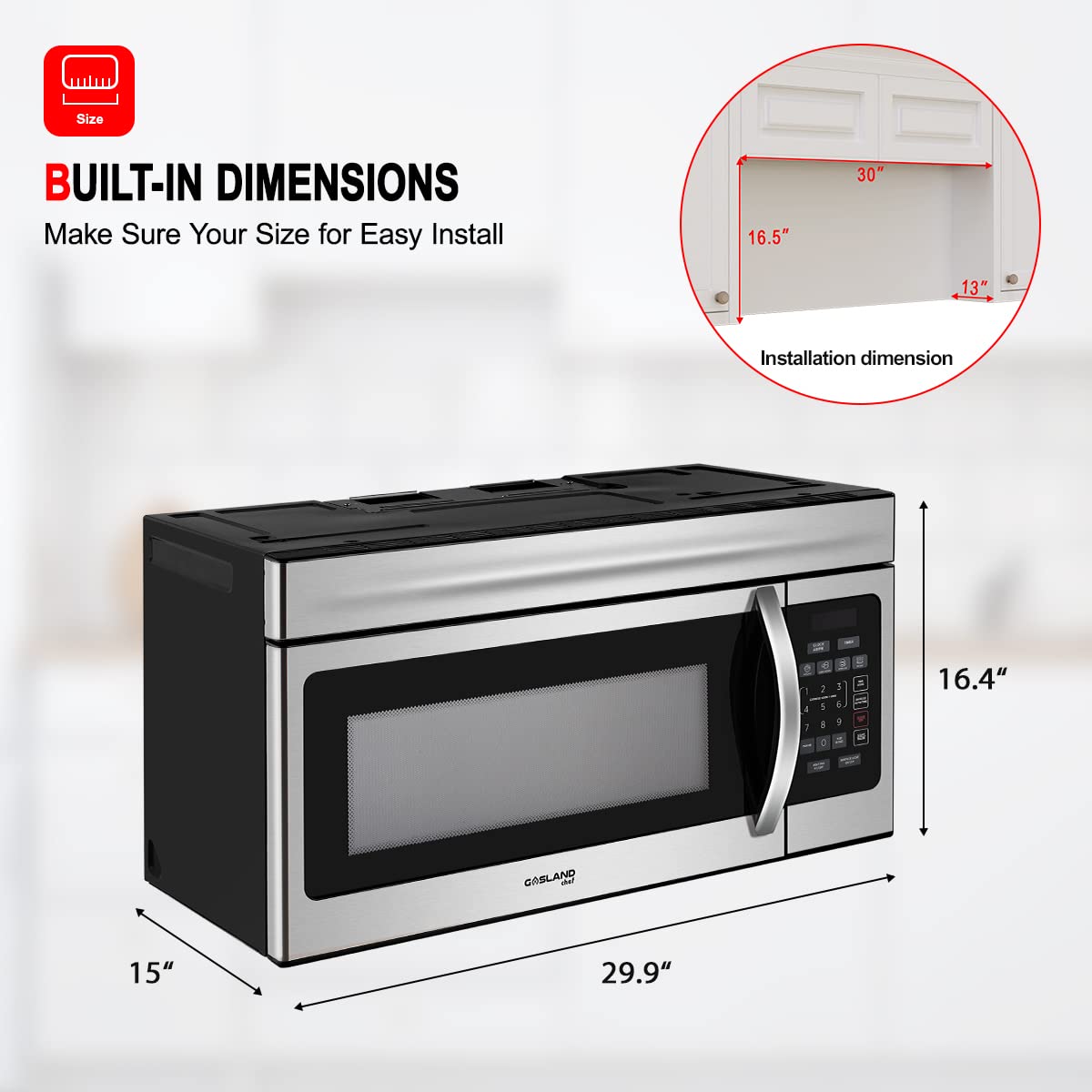30 Inch Over-the-Range Microwave Oven, GASLAND Chef OTR1603S Over The Stove Microwave Oven with 1.6 Cu. Ft. Capacity, 1000 Watts, 300 CFM in Stainless Steel, 13" Glass Turntable, 120V, Easy Clean