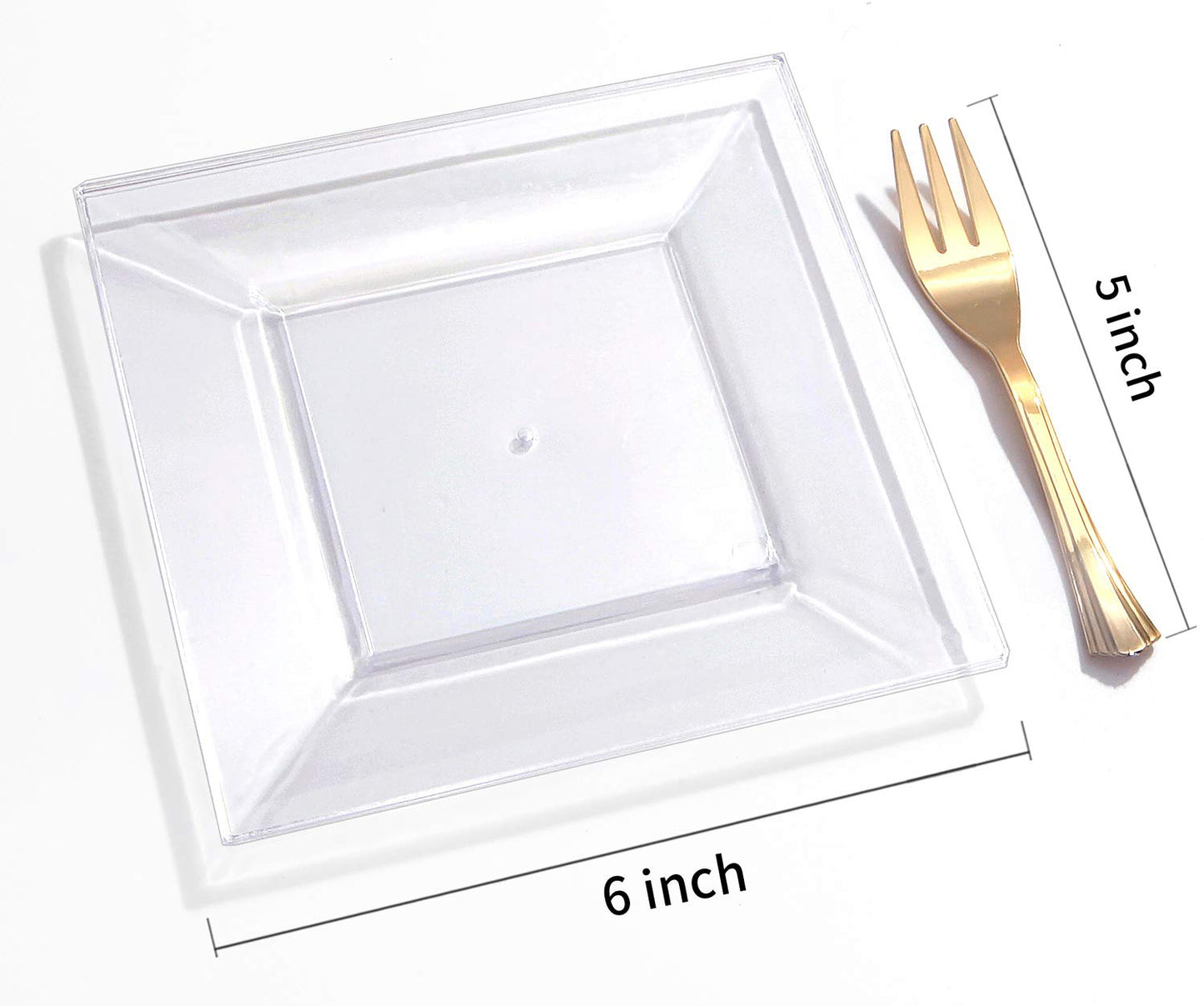 100pcs Square Dessert Plates with 100pcs Gold Dessert Forks, Clear Premium Plastic Salad Plates, Party Essentials Appetizer Plates,Gold Silverware, 6" Clear Plates and 5" Gold Forks