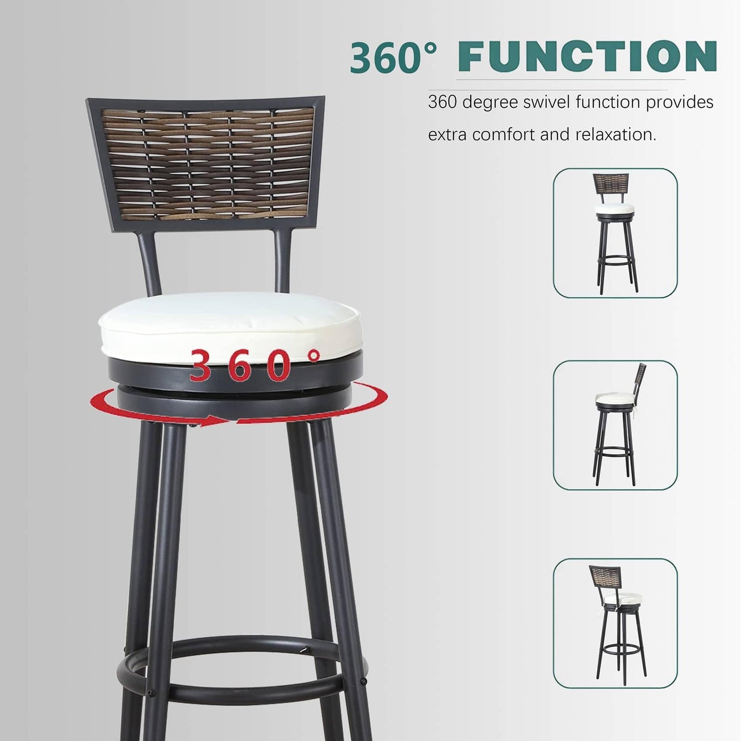 TOP HOME SPACE Patio Bar Stools Outdoor Swivel Bar Height Stool Chairs Set of 2 with Rattan Back Round Seat for Deck Porch Backyard, 29.7" Seat Height