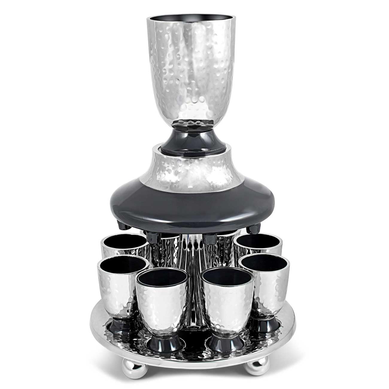 Elegant Display Kiddush Cup Wine Fountain Set - Hammered Metal with Enamel Detailing - Large Goblet, 8 Matching Shot Cups for Shabbat, Passover, Yom Tov, Wedding Gifts by Zion Judaica (Grey)