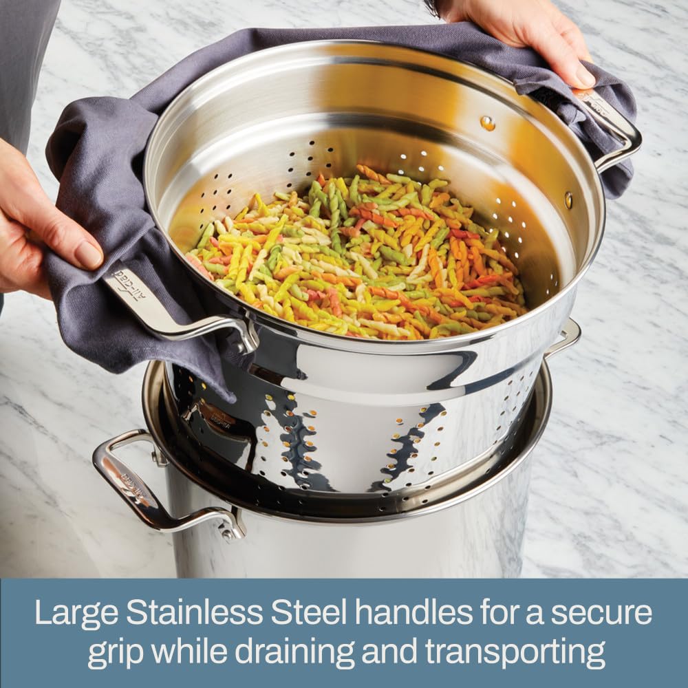All-Clad Specialty Stainless Steel Stockpot, Multi-Pot with Strainer 3 Piece, 6 Quart Induction Oven Broiler Safe 500F Strainer, Pasta Strainer with Handle, Pots and Pans Silver