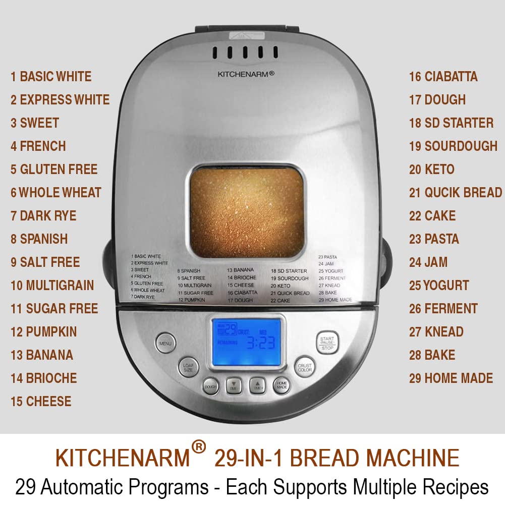 KITCHENARM 29-in-1 SMART Bread Machine with Gluten Free Setting 2LB 1.5LB 1LB Bread Maker Machine with Homemade Cycle - Stainless Steel Breadmaker with Recipes Whole Wheat Bread Making Machine