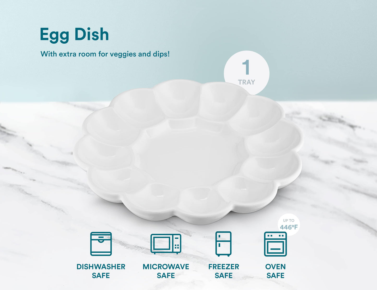 KooK Deviled Egg Platter Tray, Ceramic Easter Egg Holder, Holds 12 Eggs, Ceramic Dish, Display Holder, Dishwasher Safe, Microwave Safe, freezer Safe, Sleek, 10 Inch Diameter, White