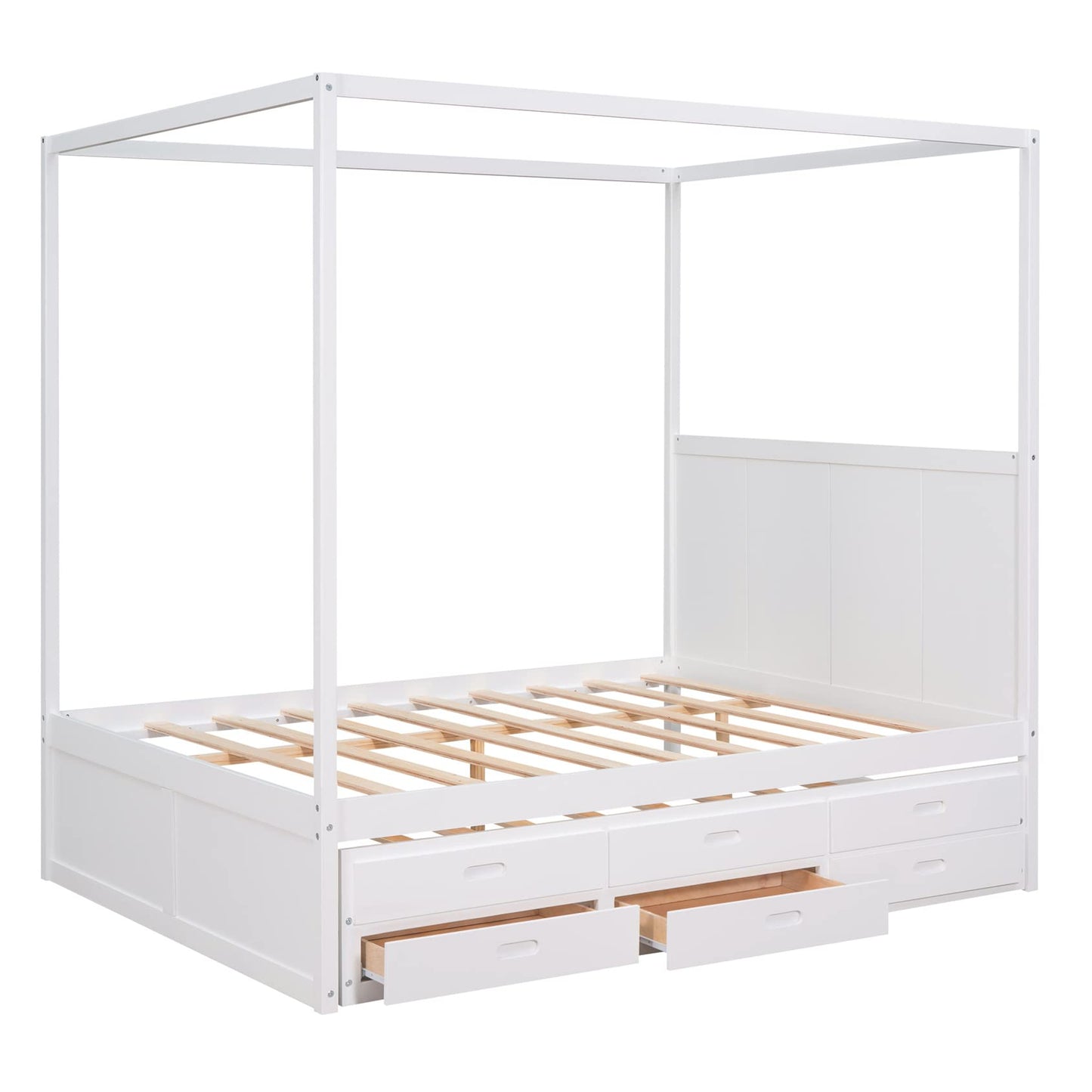 Queen Canopy Beds with Trundle Wood 4-Poster Bed with Storage Drawers Modern Queen Size Bed Frame with Headboard for Adults Kids Teens, White