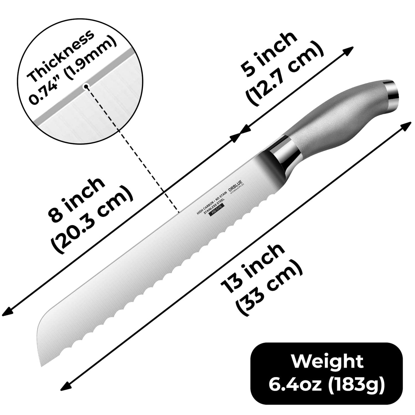 Orblue Serrated Bread Knife with Upgraded Stainless Steel Razor Sharp Wavy Edge Width - Bread Cutter Ideal for Slicing Homemade Bagels, Cake (8-Inch Blade with 5-Inch Handle)