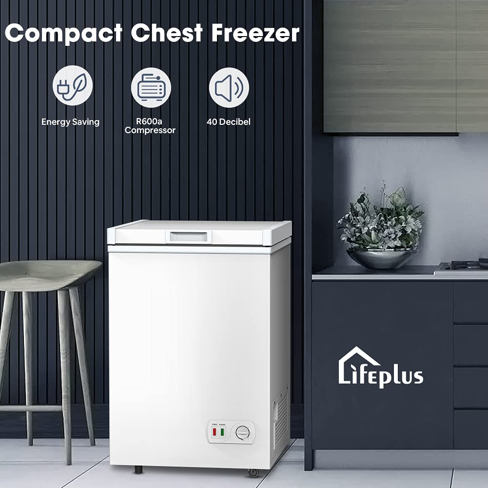 LifePlus Chest Freezer, Compact Deep Freezer 7 Adjustable Temperature with Removable Basket, Top Open Door Freezer Upright for Apartment Home (3.5 cu.ft.)