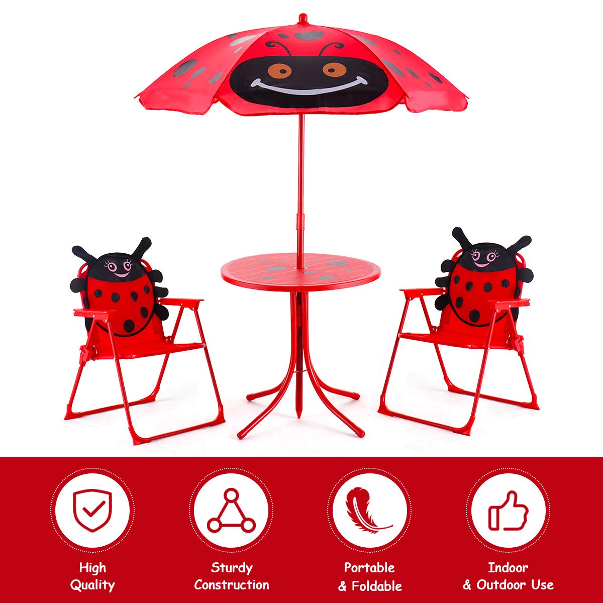 Costzon Kids Table and 2 Chair Set, Ladybug Folding Picnic Table Set with Removable Umbrella for Indoor Outdoor Garden Patio, Gift for Children Boys & Girls