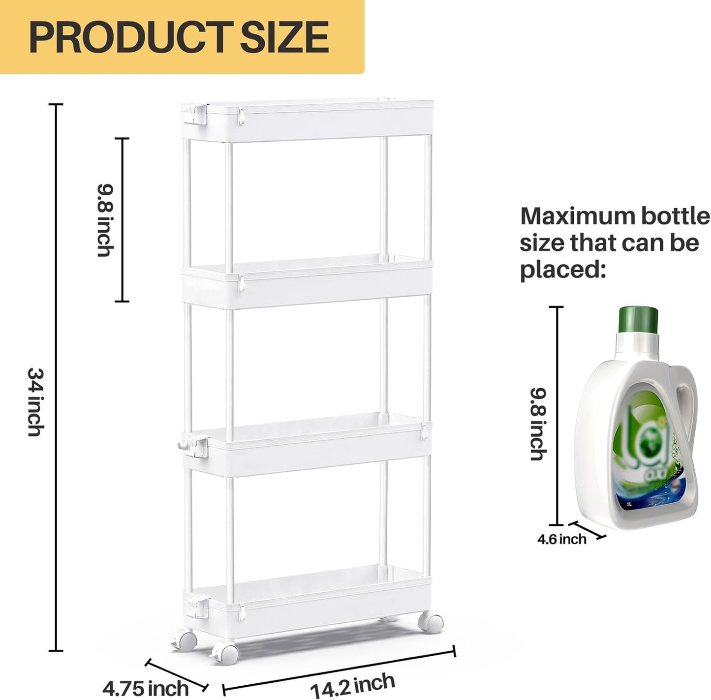 SPACEKEEPER Slim Rolling Storage Cart 4 Tier Bathroom Organizer Mobile Shelving Unit Utility Cart Tower Rack for Kitchen Laundry Narrow Places, White