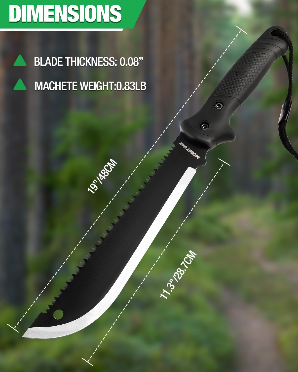 Mossy Oak Machete with Saw, 19" Sharp Machete with Sheath, Ergonomic No-Slip Handle, Machetes for Bushcraft, Outdoor Hunting, Garden Cutting Trees and Yard Work