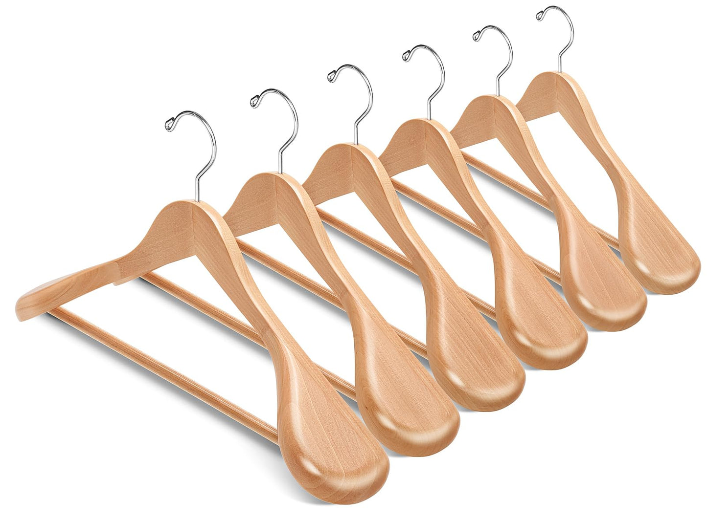 Amber Home 6 Pack Wide Shoulder Wooden Suit Coat Hangers with Non Slip Pants Bar, Solid Wood Jacket Clothes Hangers Smooth Finish for Sweater, Pants, Heavy Clothes (Natural, 6 Pack)