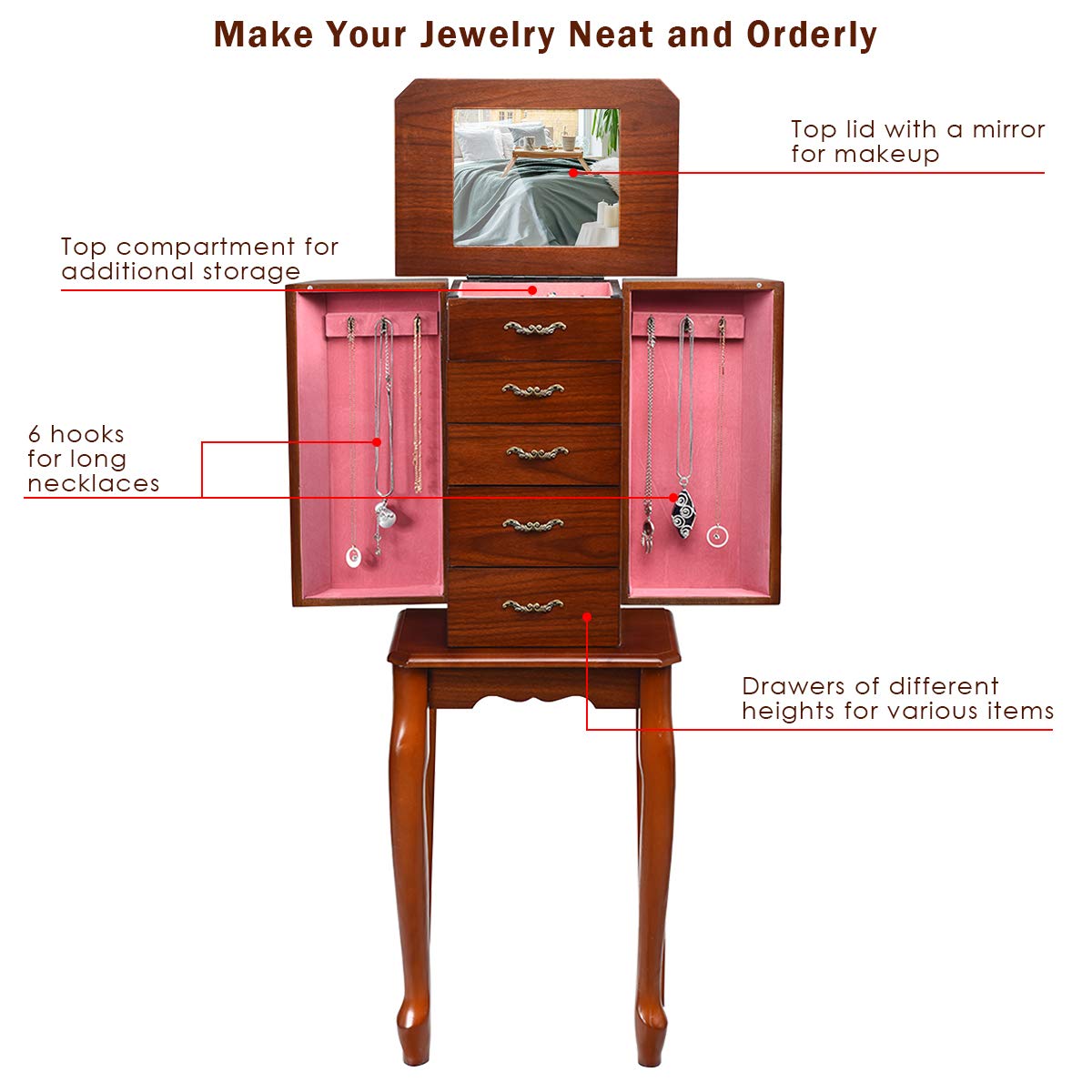 CHARMAID Standing Jewelry Cabinet Jewelry Armoire with 4 Drawers and Top Organizer Compartment, Top Flip Mirror, Jewelry Storage Chest Box with 2 Side Doors and 6 Necklace Hooks