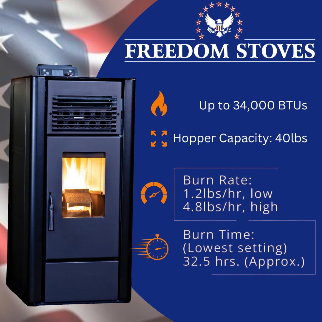 Freedom Stoves Freestanding Independence PS21 Pellet Stove with Battery Backup, Wi-Fi Capability - 5 Year Warranty - Includes Batteries & Straight Out Vent Kit