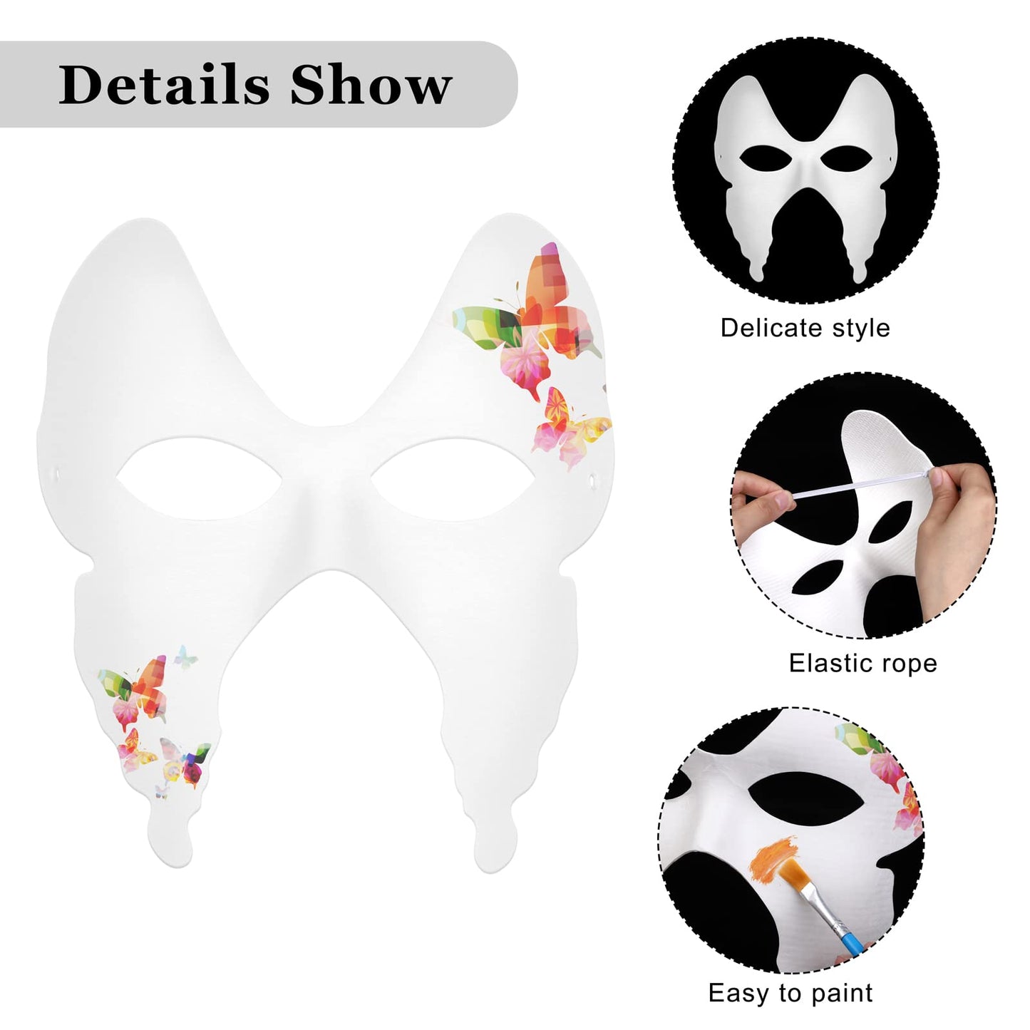 Elcoho 24 Pieces White Paper Masks Half Face Masquerade Masks DIY Hand Painted Masks with Tether Acrylic Paints Brushes Mardi Gras Masks for Halloween, Cosplay Party