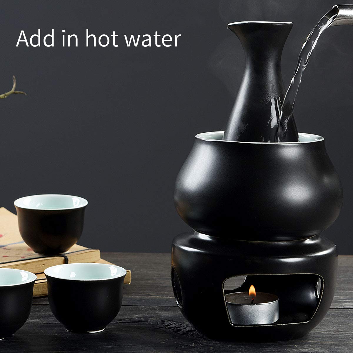 Dltsli Ceramic Sake Set with Warmer Pot Tray, Stovetop Porcelain Pottery Hot Saki Drink Bottle, 10pcs Set 1 Stove 1 Warming Bowl 1 Sake Bottle 1 Tray 6 Cup Keep Sake Storage Box (Black)