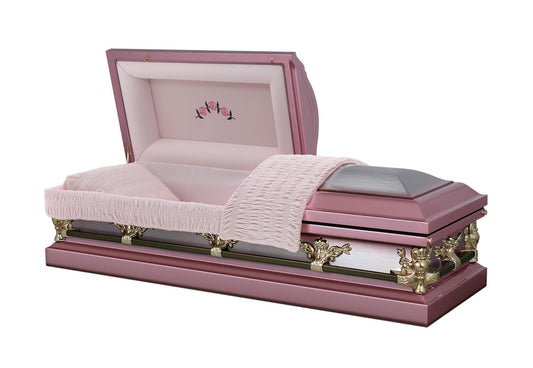 Overnight Caskets Briar Rose Metal Funeral Casket with Pink Velvet Interior - Premium 18-Gauge Steel - Fully Appointed Adult Casket - Coffin Featuring a Velvet Interior Lining w/Pillow & Throw Set