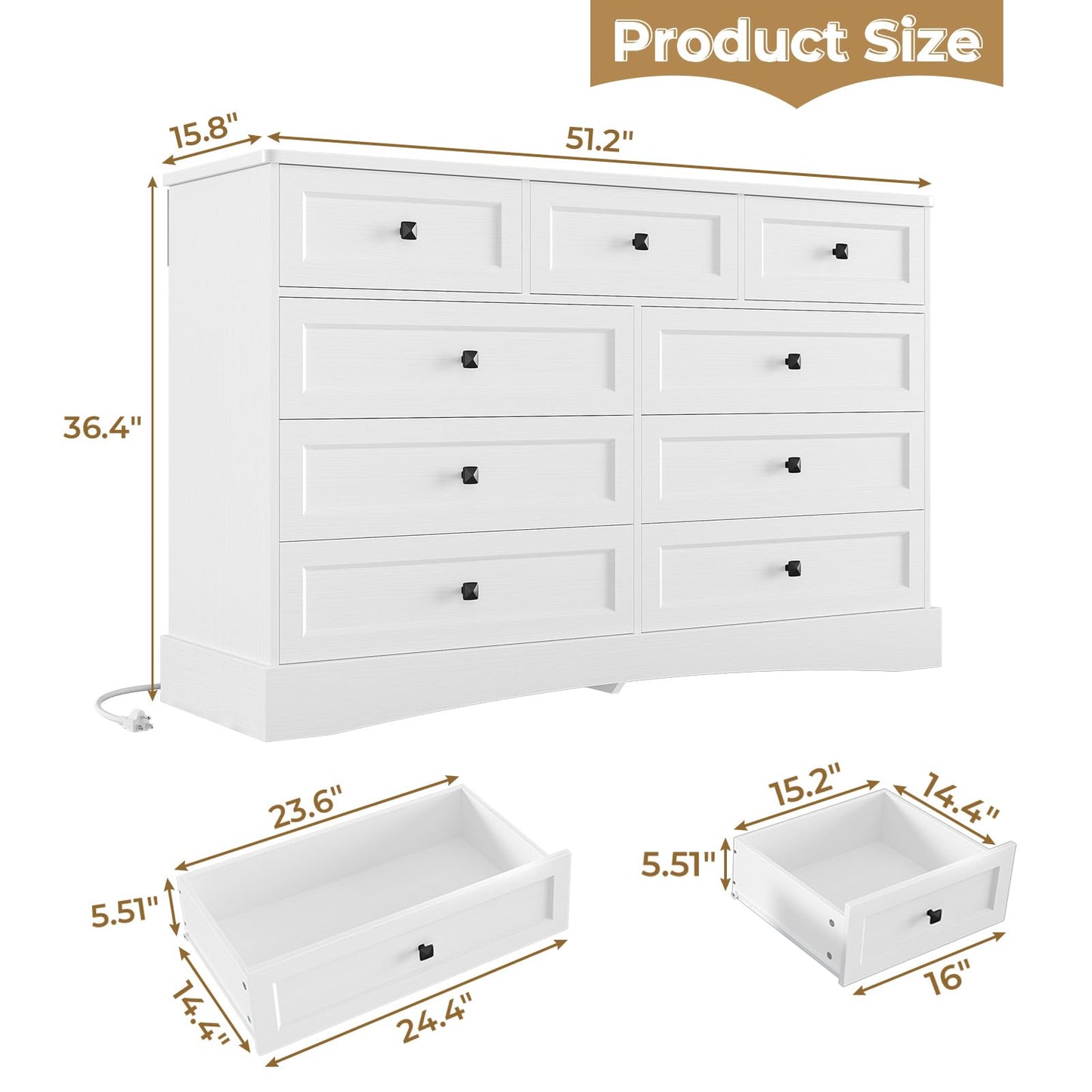 Hasuit White Bedroom Dresser with 9 Drawers, 51.2" Large Drawer Dresser with Charging Station, Wide Farmhouse Dresser Chest of Drawers, Wooden Storage Tower Organizer Dresser for Bedroom, Living Room