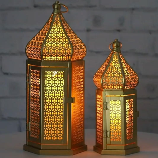 VELA LANTERNS Large Golden Tower Temple Moroccan Lantern Lamp Decorative Candle Holders for Ramadan Decorations, Hanging, Outdoor Patio or Porch, Indoor Home Decor, Gold, Set of 2