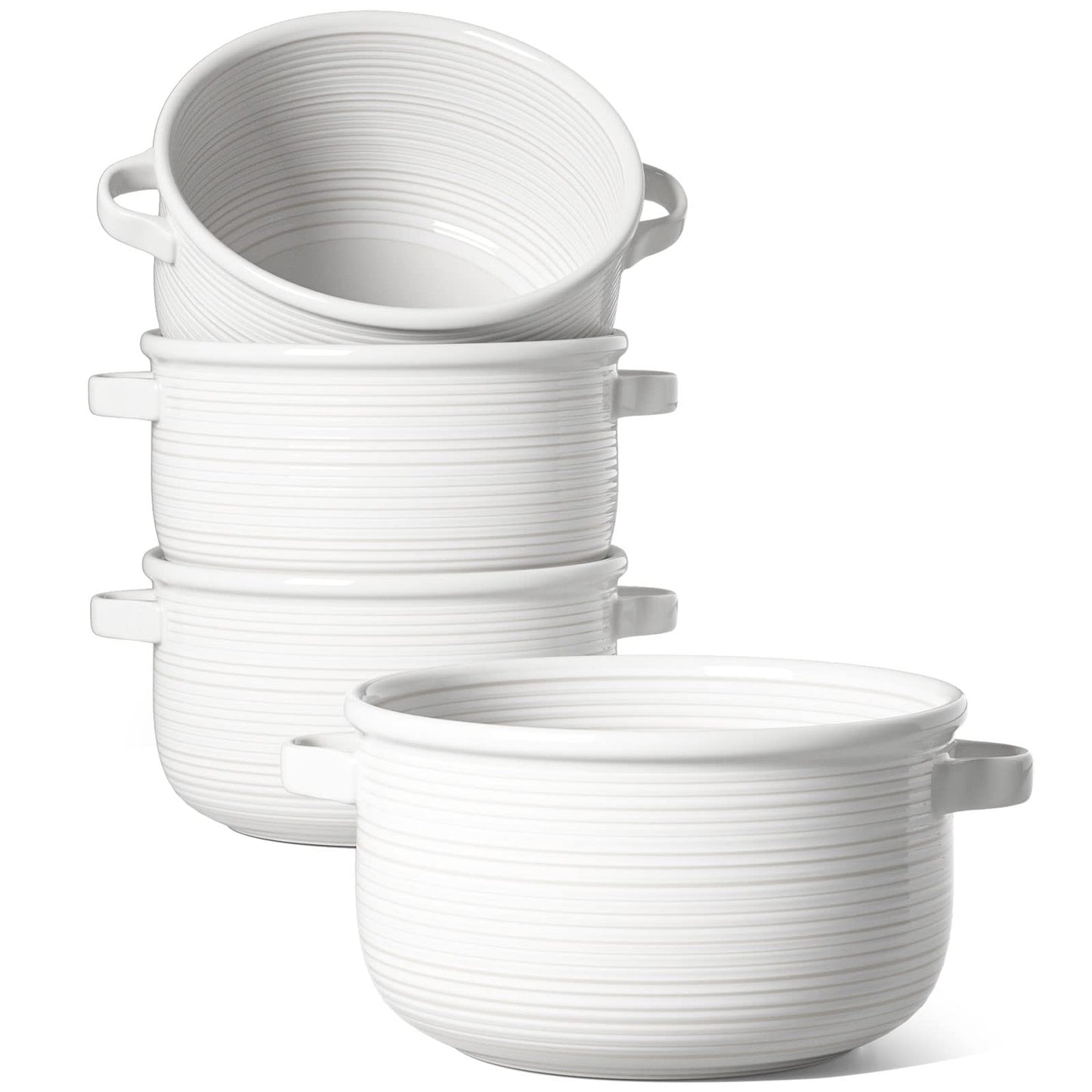 LE TAUCI Soup Bowls with Handles, Ceramic French Onion Soup Bowls 28 Ounces for Soup, Cereal, Chilli, Beef Stew, Stackable Serving Bowls Set, Oven Microwave Dishwasher Safe, Set of 4, White