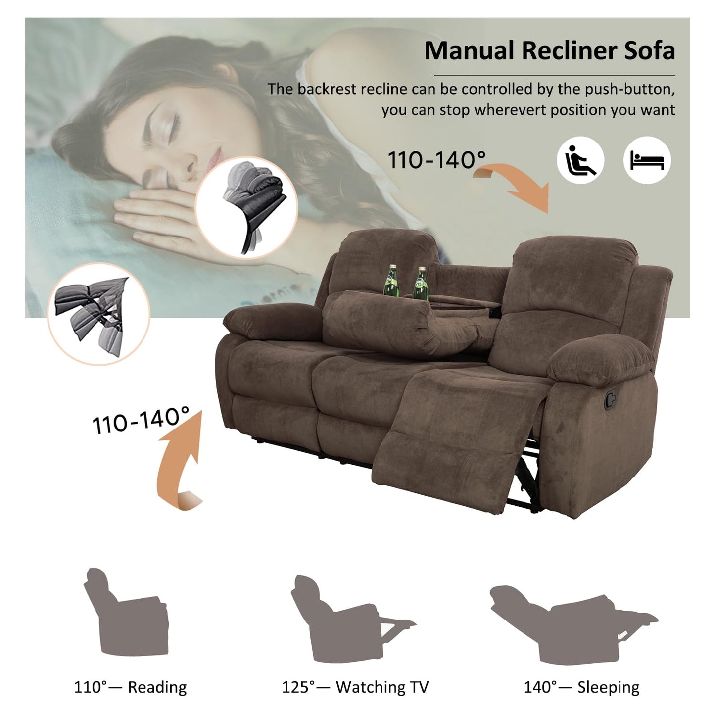 A Ainehome 3 Piece Set Corduroy Recliner Sofa Set with Storage, Modern, Taupe Brown, for Living Room/Office