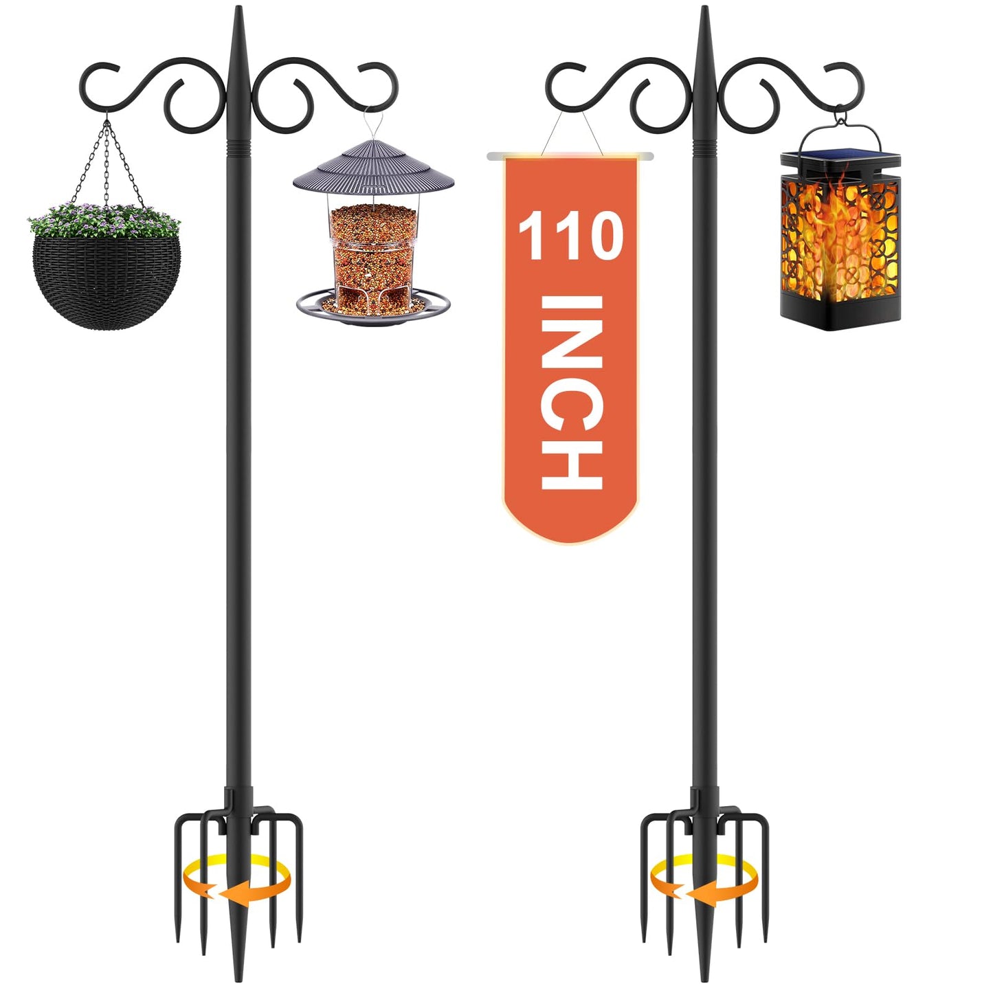 RCUICA Double Shepherds Hooks for Outdoor,2 Pack 110 Inch Bird Feeder Pole with 5 Prongs Base,Heavy Duty Shepherds Hook,Suitable for Garden in Hanging Flower Basket,Lantern,Bird Nests (110 Inch)