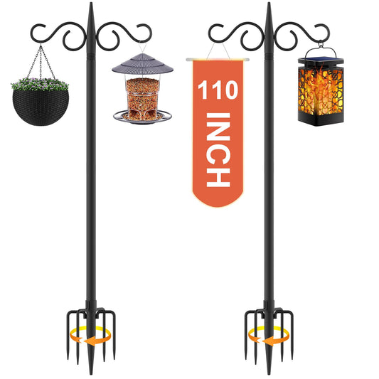 RCUICA Double Shepherds Hooks for Outdoor,2 Pack 110 Inch Bird Feeder Pole with 5 Prongs Base,Heavy Duty Shepherds Hook,Suitable for Garden in Hanging Flower Basket,Lantern,Bird Nests (110 Inch)