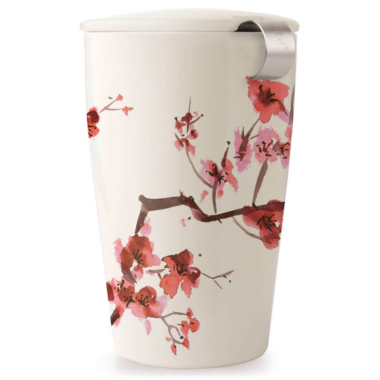 Tea Forte Cherry Blossom Kati Cup Double-Walled Ceramic Tea Cup with Removable Stainless Steel Infuser Basket and Lid, Steeps 12 oz Loose Leaf Tea, Lid and Cup Dishwasher & Microwave Safe