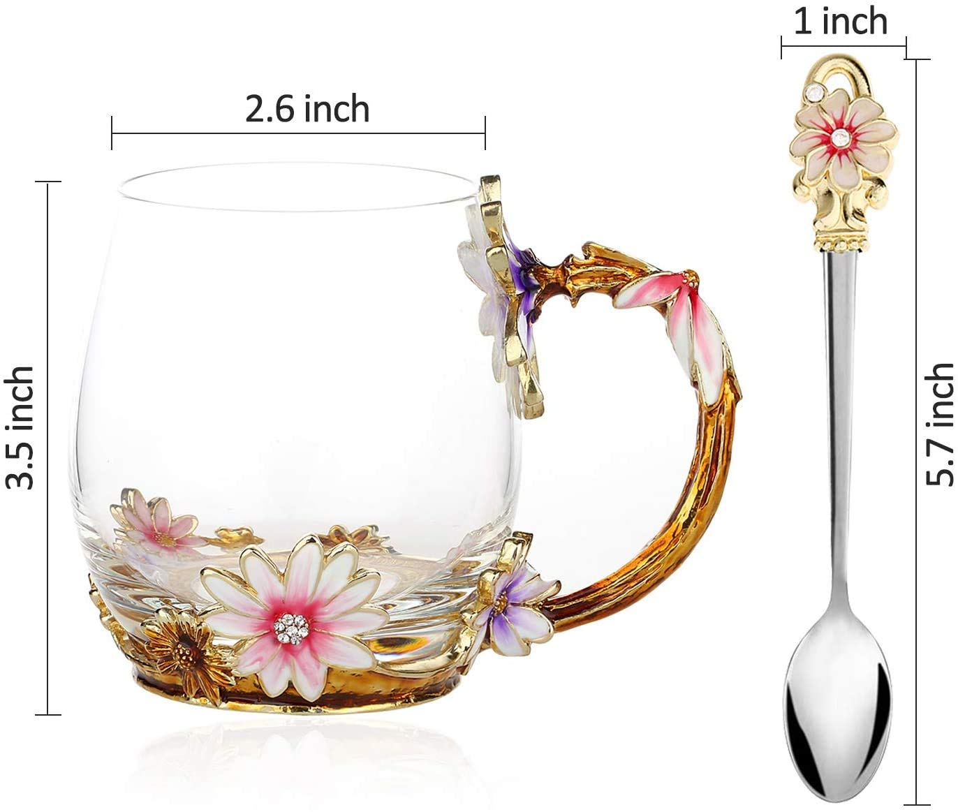 evecase daisy Flower Glass Mugs Tea Cup with Steel Spoon,Tea Lovers Gifts for Women,Wife,Mom,Female,Friends,Birthday,Mothers Day, valentines day,Christmas